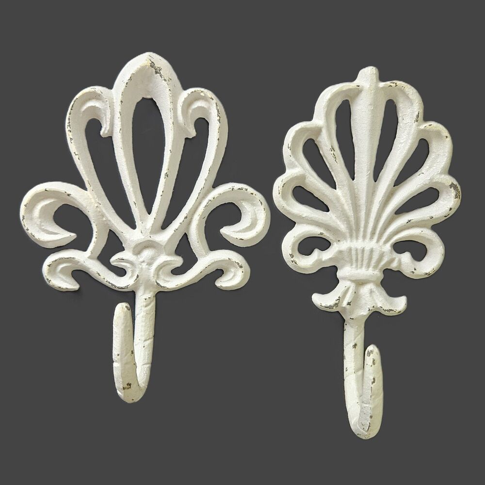 Decorative Cast Iron Wall Hooks Set of 2 Vintage-Inspired Fleur-de-lis White